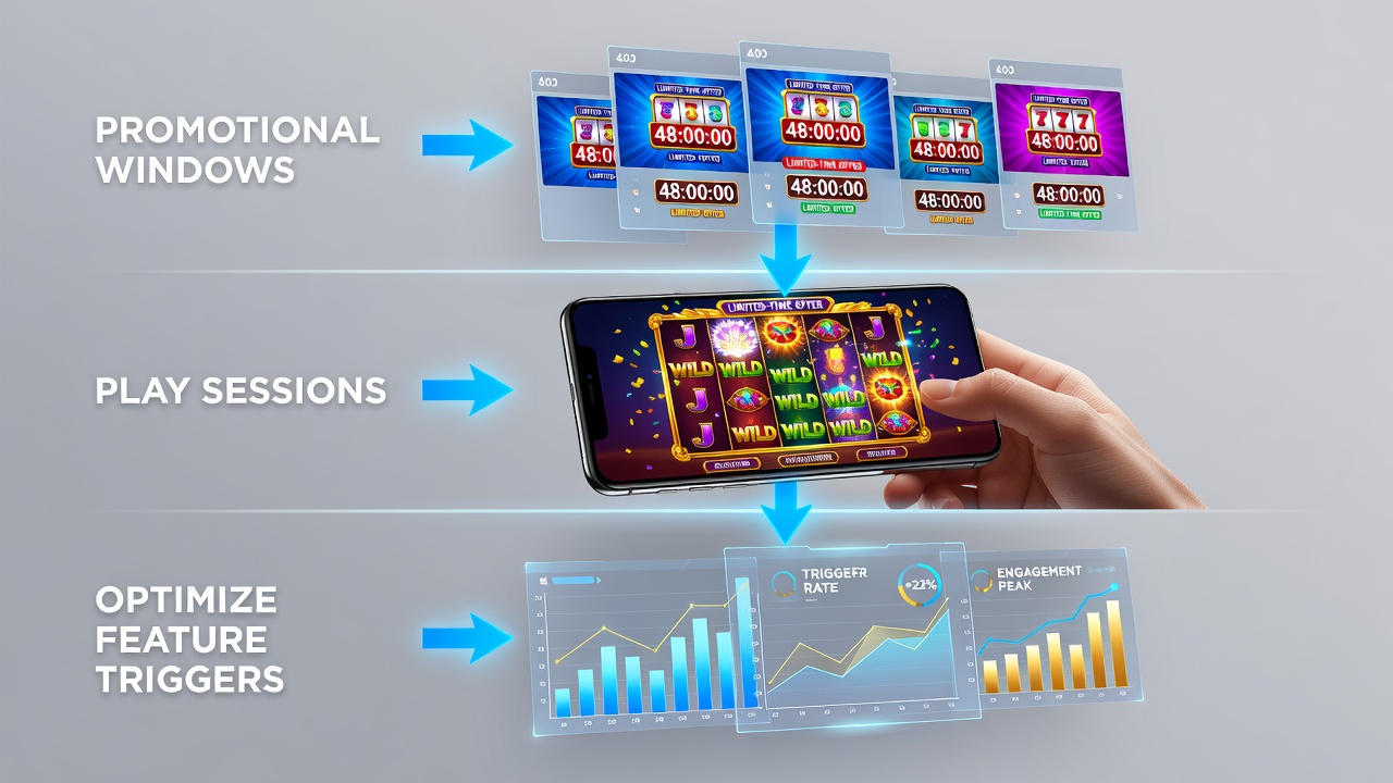 Mobile reel game interface showing promotional bonus timing indicators and feature trigger symbols during aligned play sessions