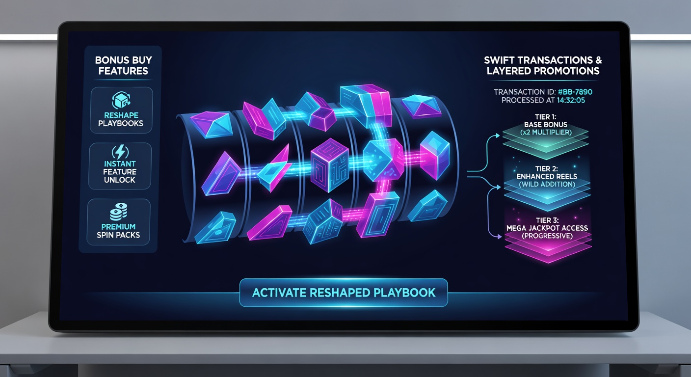 Dynamic slot interface showing a layered promotion banner over a bonus buy menu, with instant transaction confirmation and exploding win multipliers in action