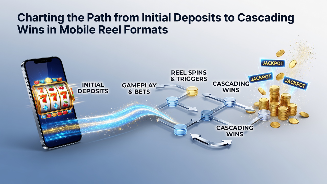 Mobile slot screen displaying initial deposit screen transitioning into active cascading reel gameplay