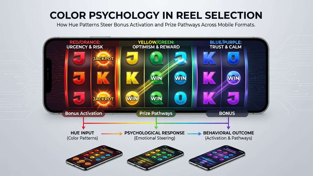 Colorful mobile slot reels displaying varied hue patterns that influence player selections and bonus triggers