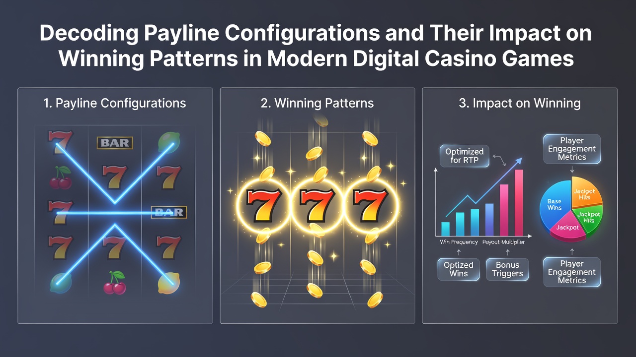 Detailed diagram showing various payline configurations across multiple slot reels including straight lines, zigzags and V-shaped patterns
