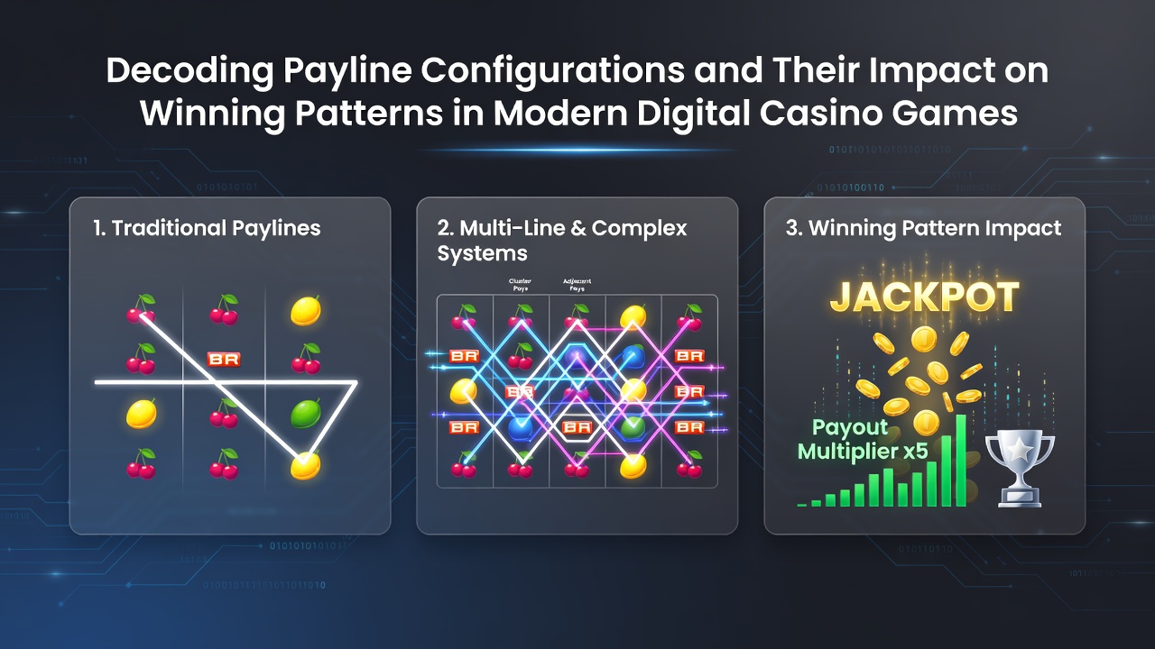 Screenshot of a modern video slot interface highlighting active paylines with glowing connections across five reels