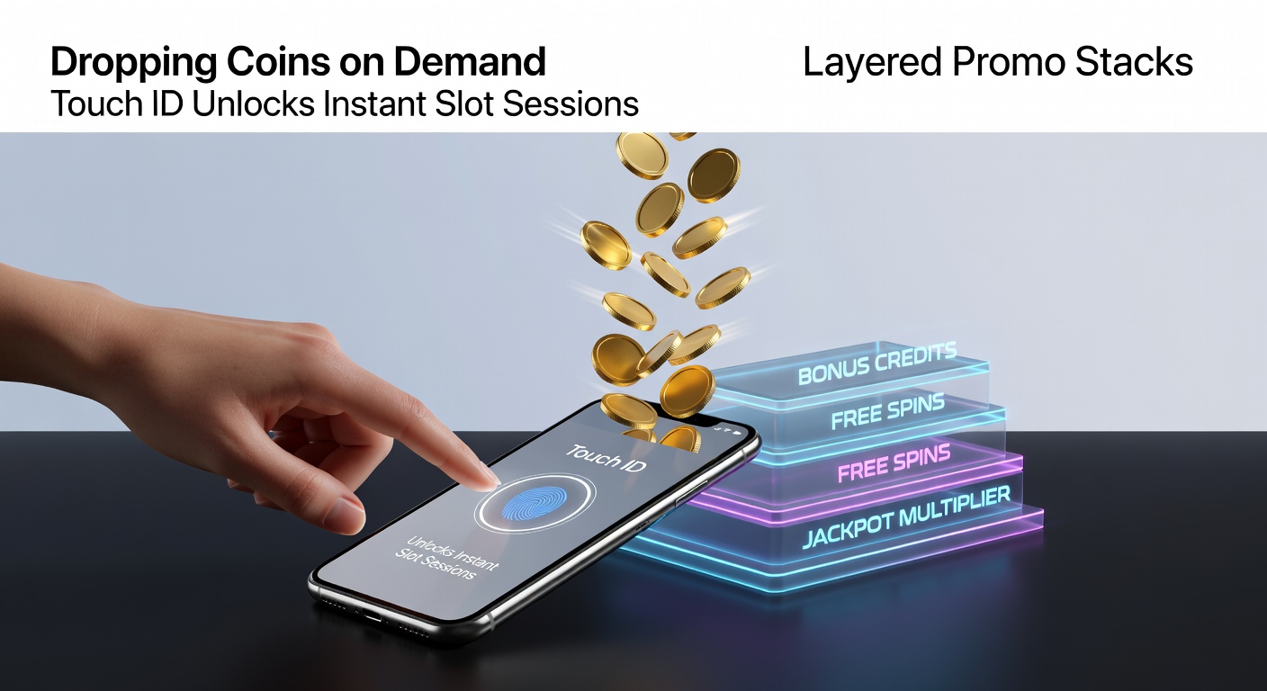 Mobile phone displaying Touch ID fingerprint scan activating a slot game deposit with colorful promo banners in the background