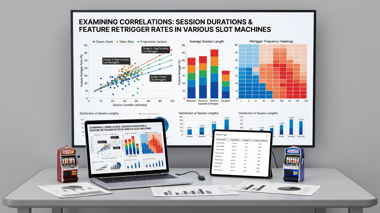 Graphs and charts displaying correlations between session lengths and retrigger rates for different slot machine types on mobile