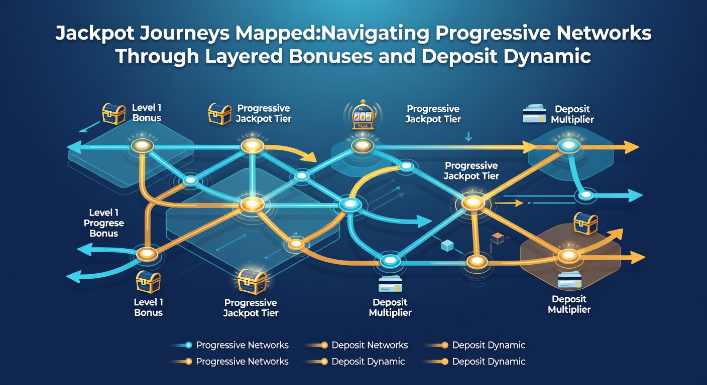 Dynamic illustration of layered bonus rounds stacking atop progressive jackpot meters in networked slot play