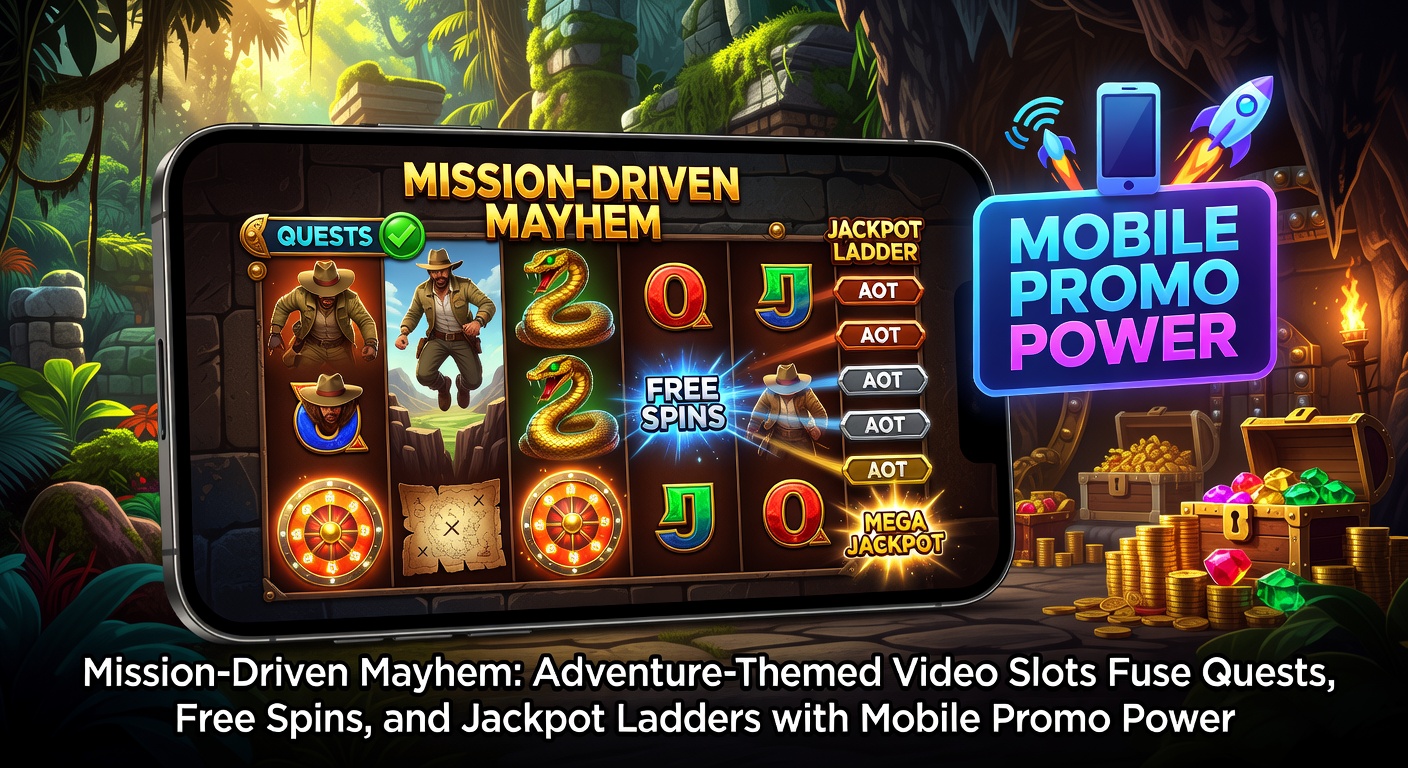 Vibrant adventure-themed slot screen showing explorers on a quest with glowing jackpot ladders and spinning reels