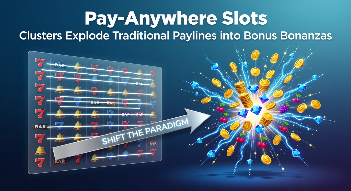 Vibrant pay-anywhere slot reels showcasing clusters of matching symbols igniting bonus features across the grid