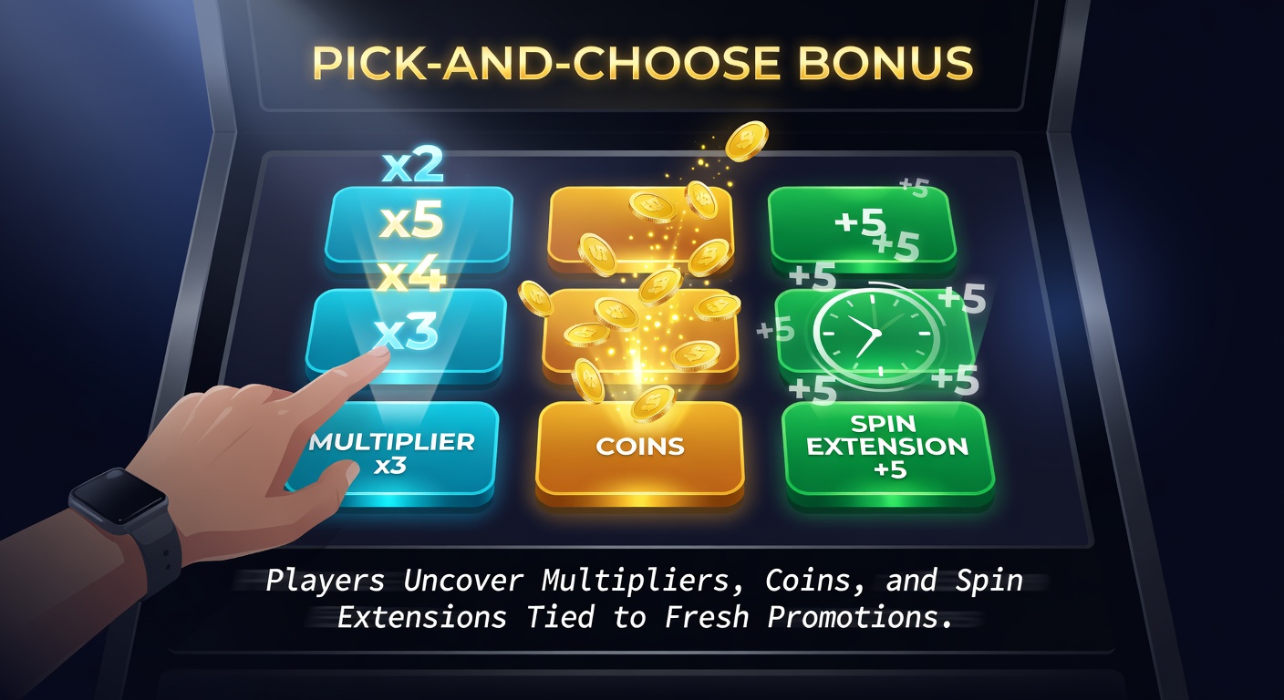 Vibrant slot screen showing a pick-and-choose bonus wheel with multipliers, coins, and spin icons glowing against a dynamic casino backdrop