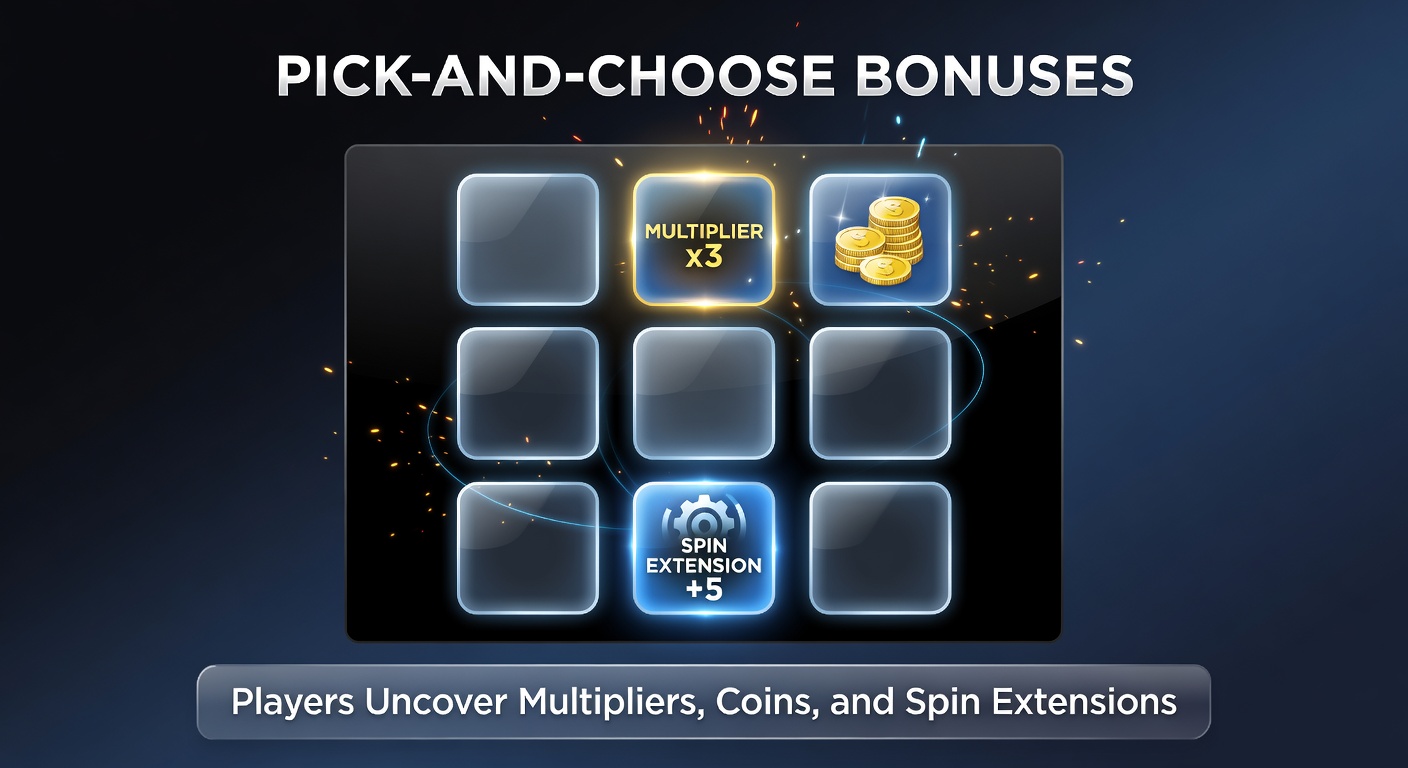 Close-up of a slot bonus selection screen with glowing multipliers, stacked coins, and extra spin symbols amid festive animations