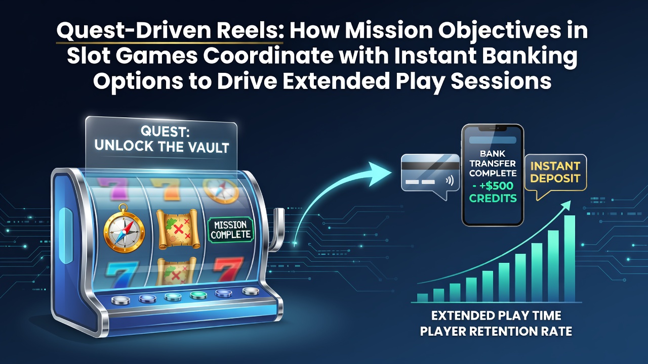 Slot game interface showing mission objectives and quest progress alongside deposit options