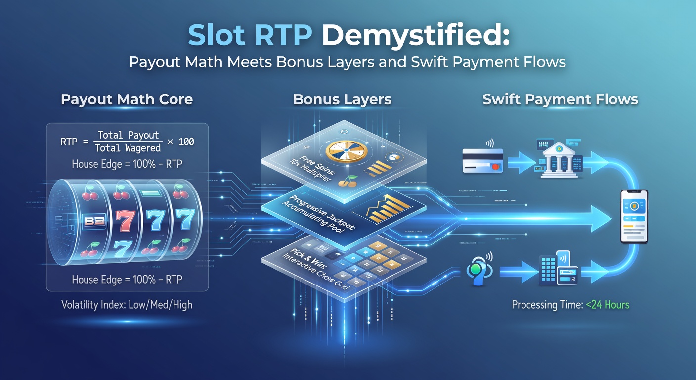 Digital visualization of slot machine reels displaying RTP percentages alongside bonus symbols and payment icons flowing seamlessly