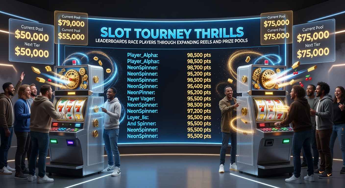 Dynamic slot tournament leaderboard showing players racing for top spots amid flashing reels and escalating scores