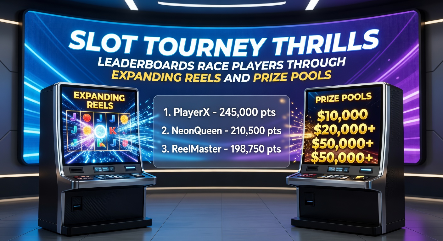 Expanding reels mechanic in a slot tournament, with symbols cascading across multiplying rows and leaderboards ticking upward in the background