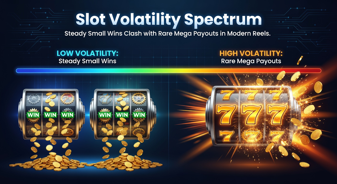 Colorful slot reels displaying a mix of small wins and jackpot symbols, illustrating the volatility contrast in action