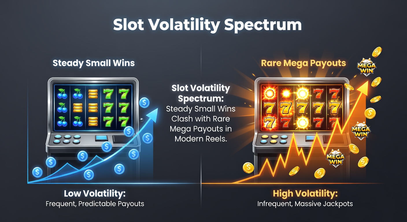 Graph charting slot volatility levels against payout frequency and size, with examples of low, medium, and high-vol games highlighted