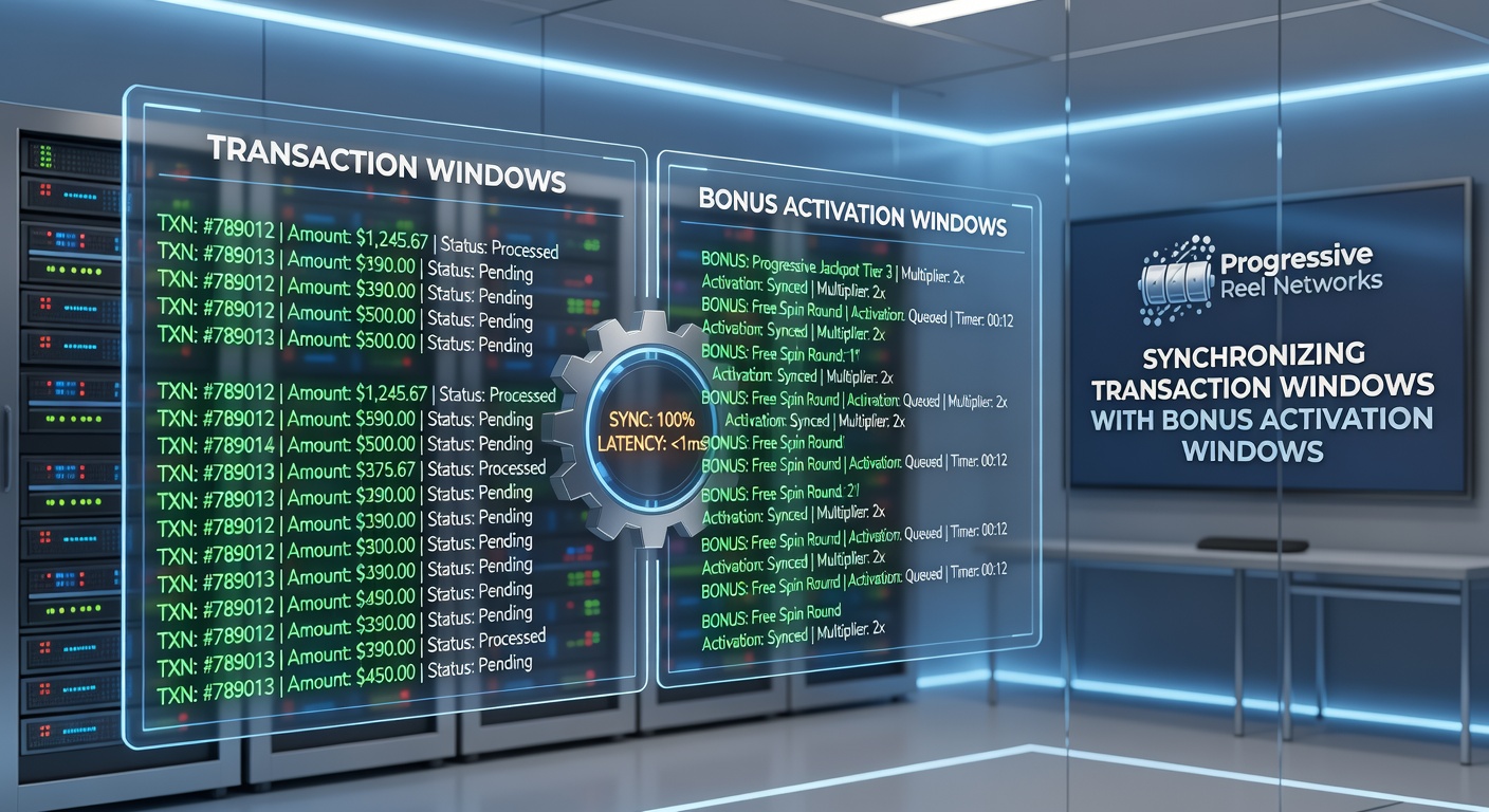 Illustration of synchronized transaction and bonus activation windows across connected progressive reel systems