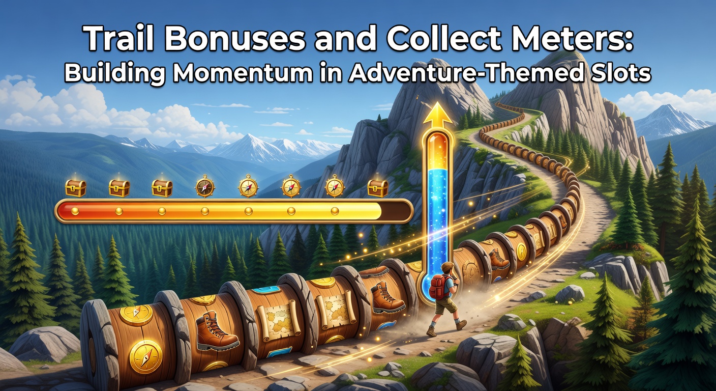 Vibrant adventure slot screen showing a winding trail bonus path with glowing collect meters filling up amid jungle ruins and treasure symbols