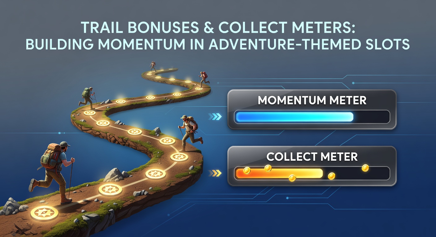 Close-up of a collect meter overflowing in an adventure slot, triggering a bonus trail explosion with coins cascading down a treasure path