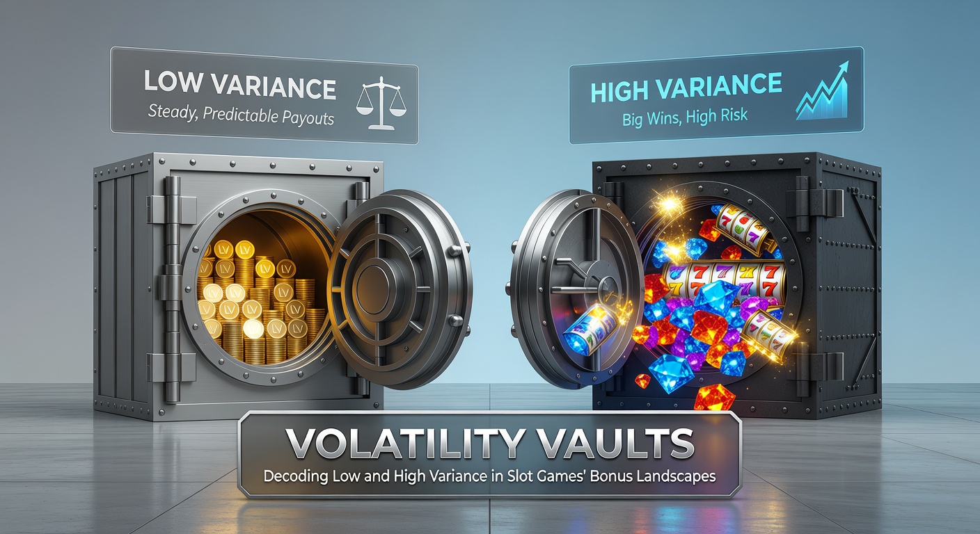Colorful slot machine reels displaying low and high variance bonus symbols, with cascading wins and jackpot vaults glowing in the background