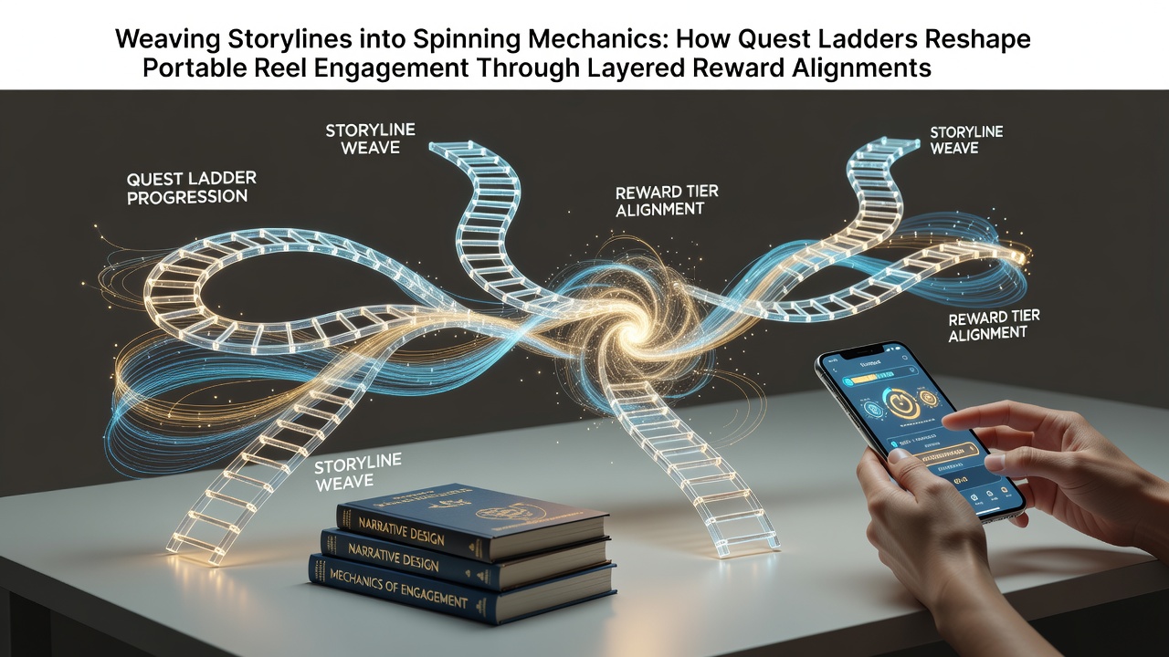Mobile slot interface displaying quest ladder progression alongside spinning reels with narrative quest markers